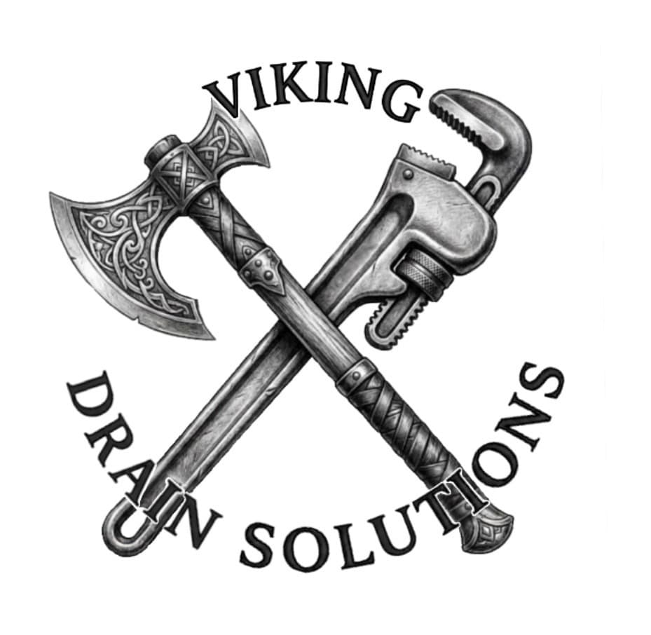 Viking Drain Solutions logo featuring a crossed ornate battle axe and a pipe wrench.